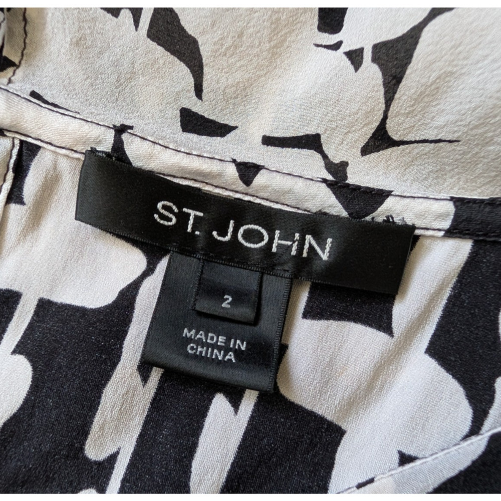 St John Silk Blend Black White Keyhole Back Blouse Top FLAWED Size 2 Ruffle - Picture 3 of 6